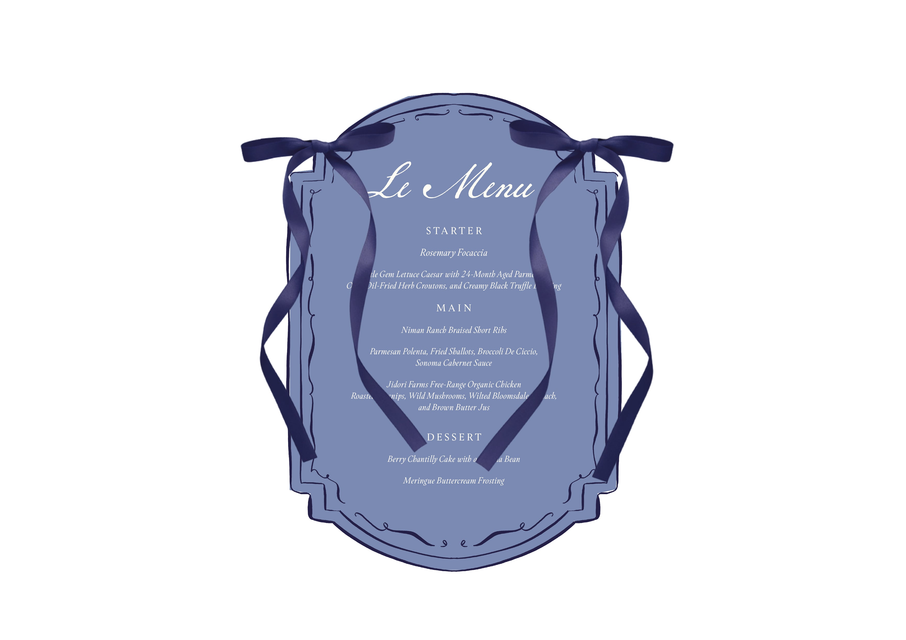 Mon Cheri  - Dark Blue Shaped Menu with Bow