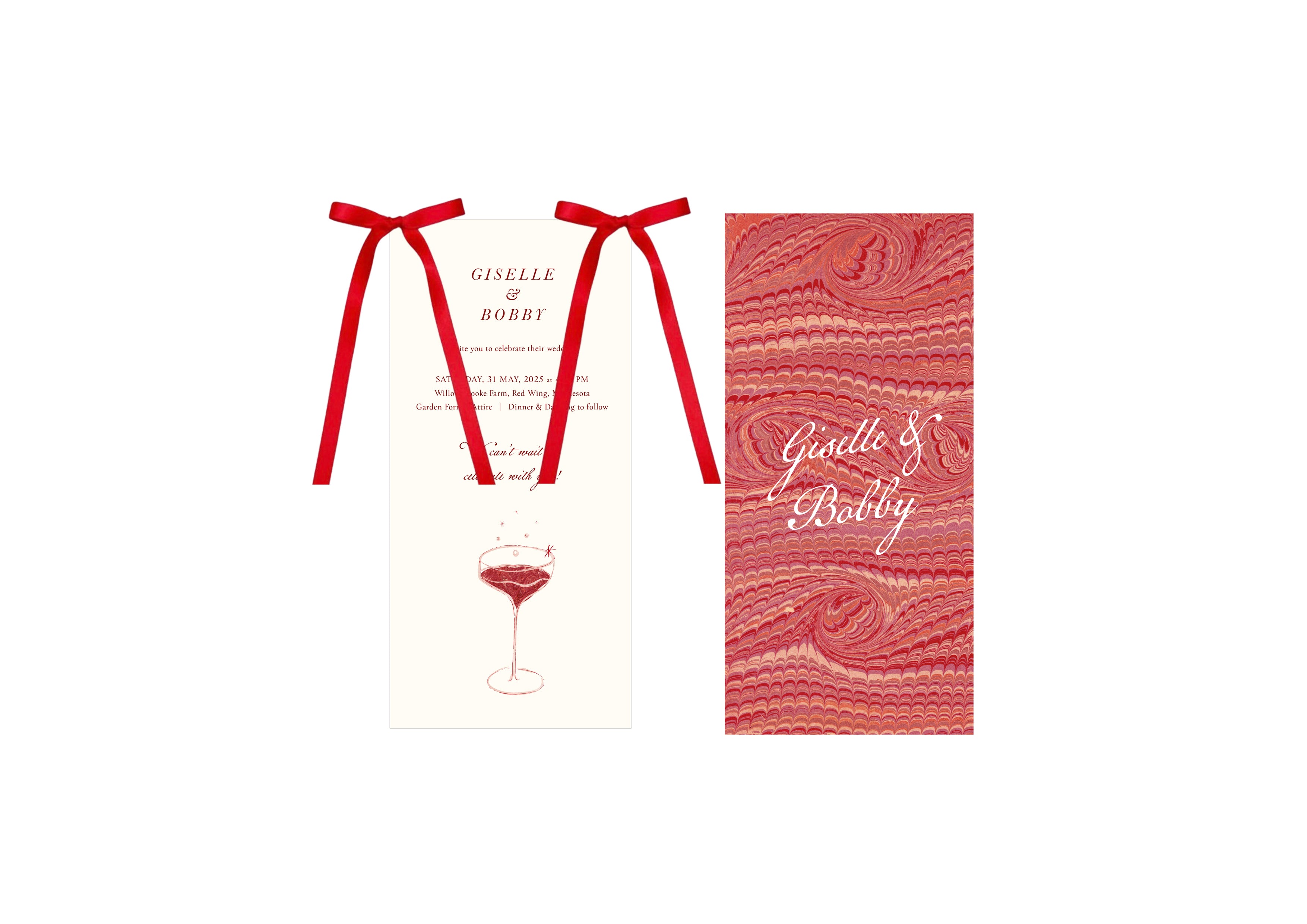 Mon Chéri - Double-Sided Red Marbled Invitation with Double Bow