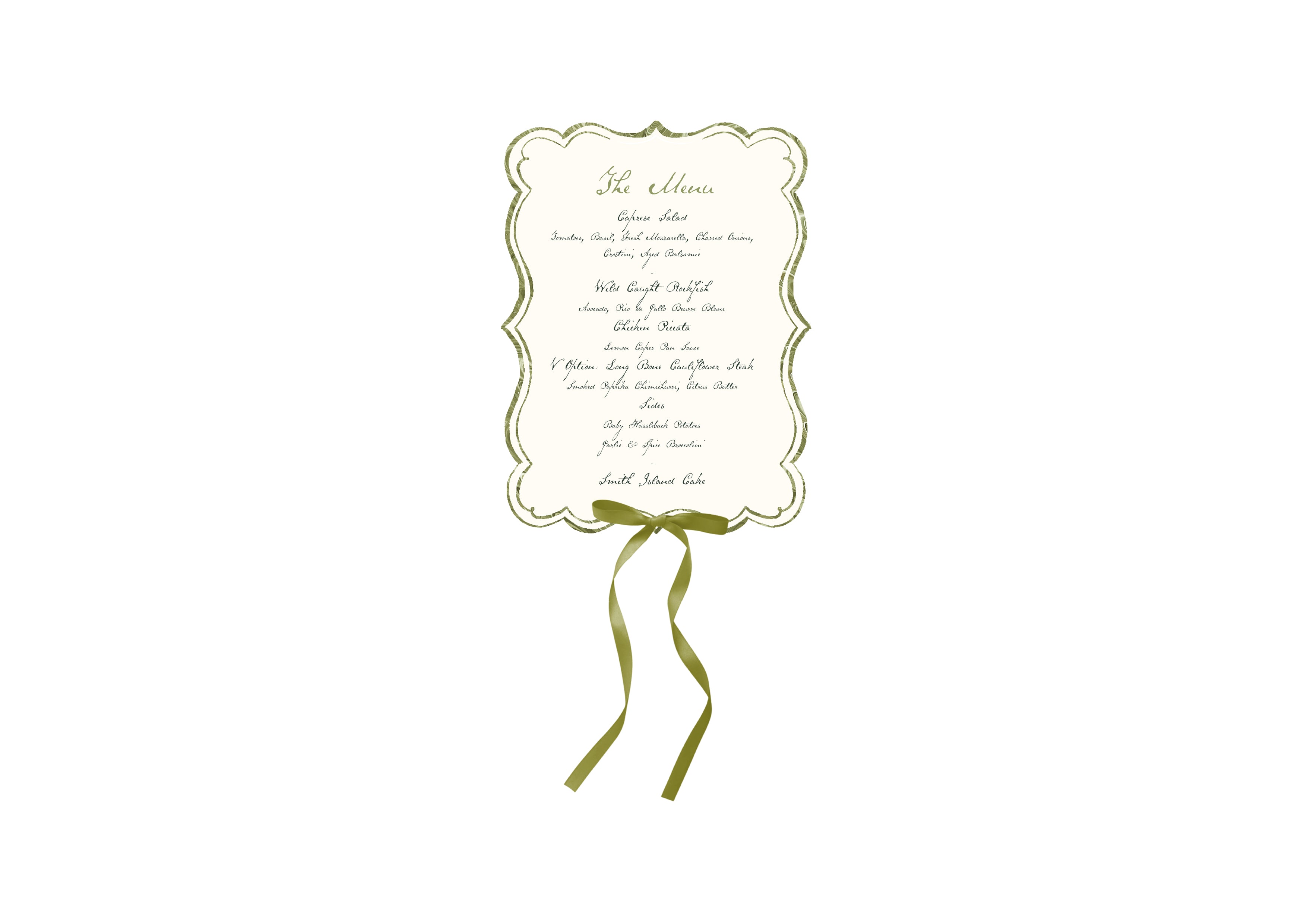 Mon Cheri, Green Shaped Menu with Guest Name On