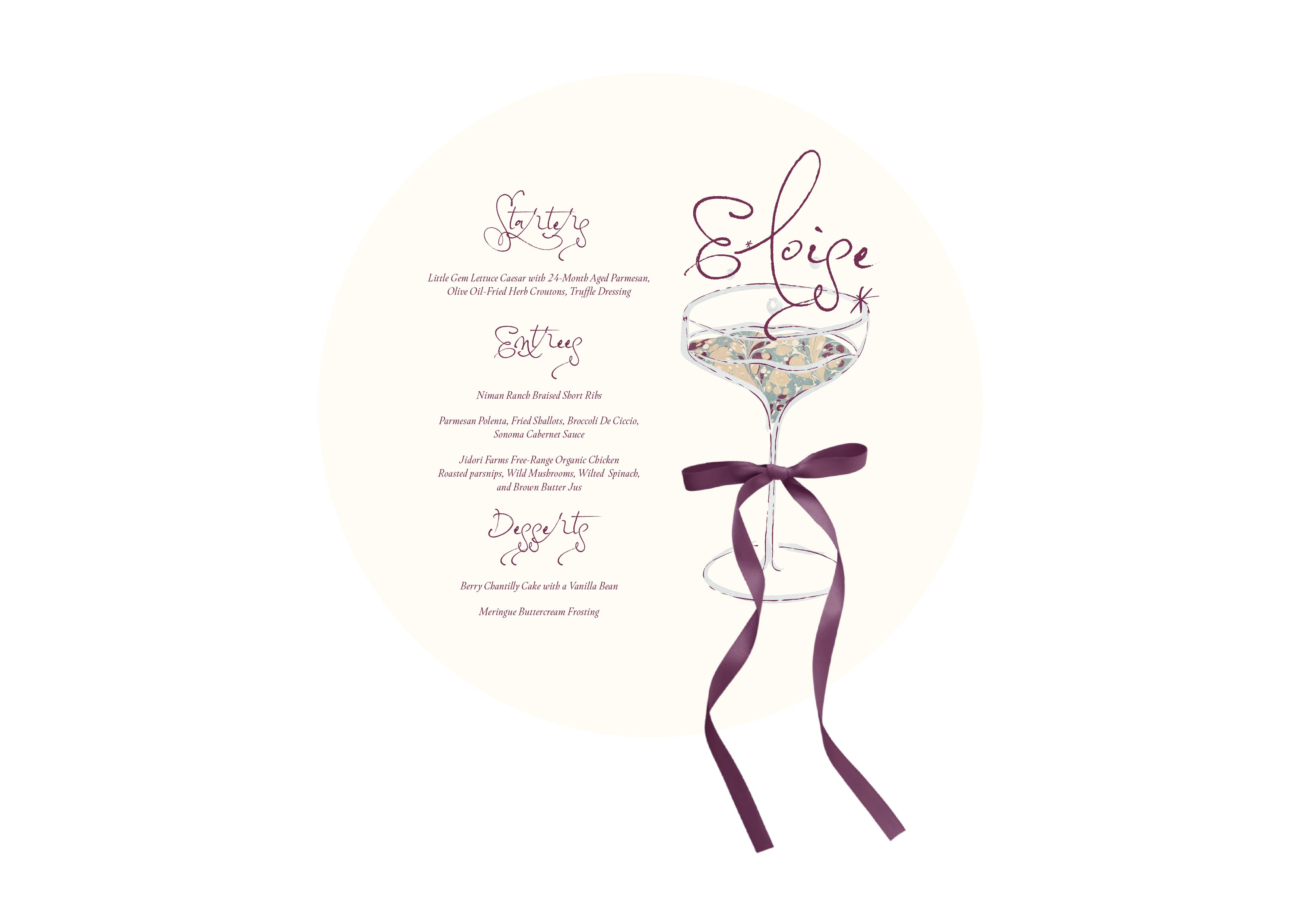 Mon Cheri, Round Bow Menu with Guest Name On